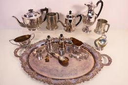 A collection of plated wares and pewter to include large tray, teapot, tankards and other.