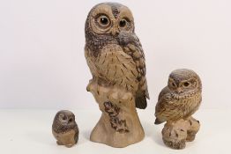 Poole Pottery - Three graduated stoneware owl studies, impressed factory marks to the base,
