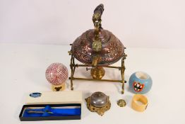 Lot to include a spirit kettle and stand with embossed floral decoration,