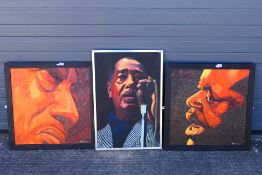 Three framed oil paintings depicting jazz musicians comprising Duke Ellington and Oscar Peterson,