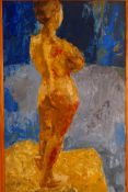 A framed oil on board depicting a standing female nude, titled verso Life Study - June,