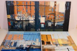 Two oil on canvas dockside scenes, each approximately 50 cm x 100 cm. [2].