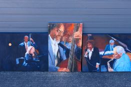 Three oil on canvas painting depicting jazz musicians comprising John Clayton and Diana Krall,