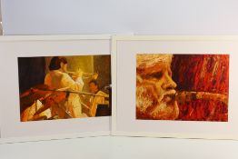 Two oil paintings of jazz musicians comprising Gerry Mulligan and Bobby Shew with the Wigan Youth