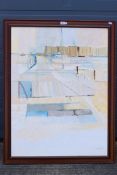 A large, abstract oil on canvas, signed lower right by the artist, framed,