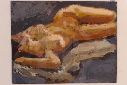 A framed oil on board depicting a recumbent female nude, approximately 22 cm x 28 cm image size.