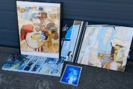 Four oil paintings to include one titled Italian Chic, one depicting Miles Davis and other,