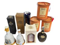 Four Bells Whisky decanters and two empty, Remy Martin Cognac, Fonseca Port, etc.