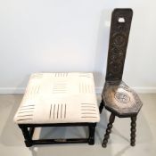 A carved oak spinning chair, together with a joined oak square footstool.