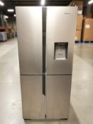A HiSense stainless steel American-style double door fridge freezer, with water dispenser.