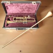 A Boosey & Hawkes brass trumpet, in fitted case, together with a copper and brass hunting horn.