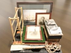 A collection of prints, a bamboo towel rail, an oar, carpet beater, folding card table, hamper,