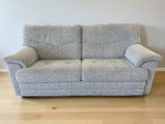 A modern G Plan three seater settee in light grey fabric, 213 cm x 95 cm x 100 cm.