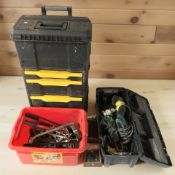 Two plastic toolboxes and a further box containing assorted hand tools,