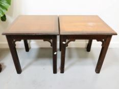 A pair of reproduction inlaid mahogany lamp tables, width 47 cm.