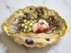 A Royal Worcester oval twin-handled porcelain dish, hand-painted with fruit by Thomas Lockyer,
