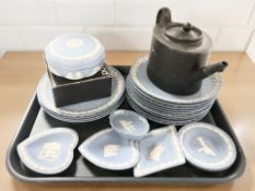 A group of Wedgwood blue and white jasperware Christmas plates, further pin dishes,