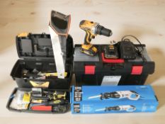 Assorted hand and power tools, a Macallister reciprocating saw, toolboxes and contents, etc.