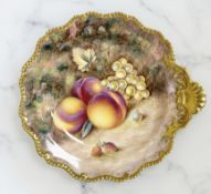 A Royal Worcester circular porcelain dish, hand-painted with fruit by Harry Ayrton,