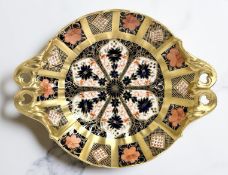 A Royal Crown Derby Imari porcelain twin-handled Duchess dish, pattern 1128, solid gold band,