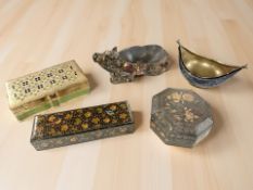 A group of cashmere lacquered trinket boxes, an oval pedestal bowl, an octagonal trinket box,