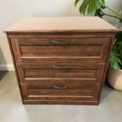A modern MDF three drawer chest, 82 cm x 50 cm x 82 cm.