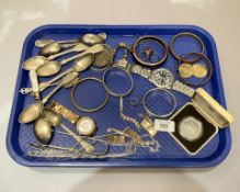 A group of silver plated spoons, costume jewellery, watches, Queen Mother Crown in case, chains,