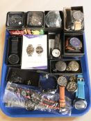 A collection of modern pocket watches, wristwatches, a smart watch, etc.