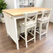 A contemporary MDF and pine veneered table, with two shelves beneath and towel rail to one end,