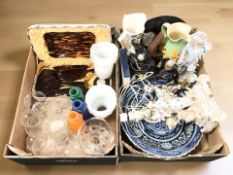 Assorted ceramics, ornate encrusted porcelain lamp base, Maling lustre jug, figures,