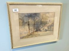 Thomas Miles Richardson, Jr (1813-1890) : Figures by a thatched cottage, watercolour, 31 cm x 21 cm.