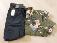 A pair of M&S shorts W40, and a further floral shirt size XL, both with retail tags.