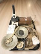 A Tecnar Swift microscope, a cigarette box with silver inlay, a group of brass and copper wares,