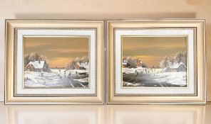 Johannes Kaiser (Dutch, born 1928) Figures skating on a frozen river, with snow covered cottages,