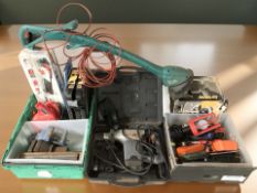 A Challenge Extreme power drill in case, together with other tools, car polisher, strimmer,