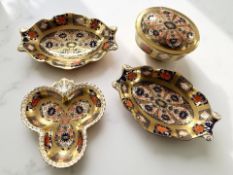 A pair of Royal Crown Derby imari shaped twin handled dishes, pattern 1128, width 13.5 cm.