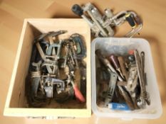 A group of vintage hand tools, drills, clamps, etc.