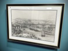 A monochrome print depicting Newcastle Upon Tyne from Gateshead, 65 cm x 42 cm.