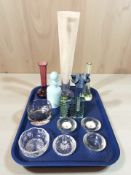 A group of glass wares including tea light holders, a Waterford Crystal ring stand,