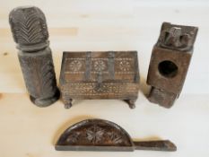 A group of 18th century and later wooden items including a wrought iron bound table casket,