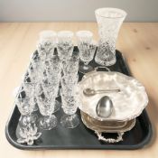 A group of crystal drinking glasses, flower vase, EPNS wares, etc.