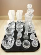 Assorted crystal drinking glasses, two decanters, sifters, an Edinburgh Crystal bud vase, etc.