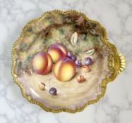 A Royal Worcester circular porcelain dish, hand-painted with fruit by Harry Ayrton,
