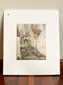 N Livingston : Staircase by a cottage, oil on board, 24 cm x 29 cm.