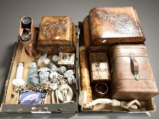 A group of reproduction wooden table boxes, a jointed wooden mannequin, various other figures,