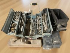 A concertina toolbox containing assorted hand tools, vintage woodworking plane, other tools.