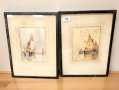 F J Aldridge : Boats in calm water, watercolour, 14 cm x 18 cm, together with a companion piece.
