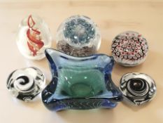 A group of studio glass paperweights including a Milfiori example, two heart shaped examples,