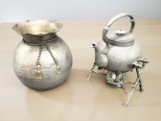 A pewter spirit kettle on stand, together with a vase in the form of a sack, height 26 cm.