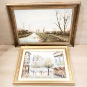 Glen Brouwer (British, 1944 - ) A rural path along a canal with thatched cottage, oil on canvas,